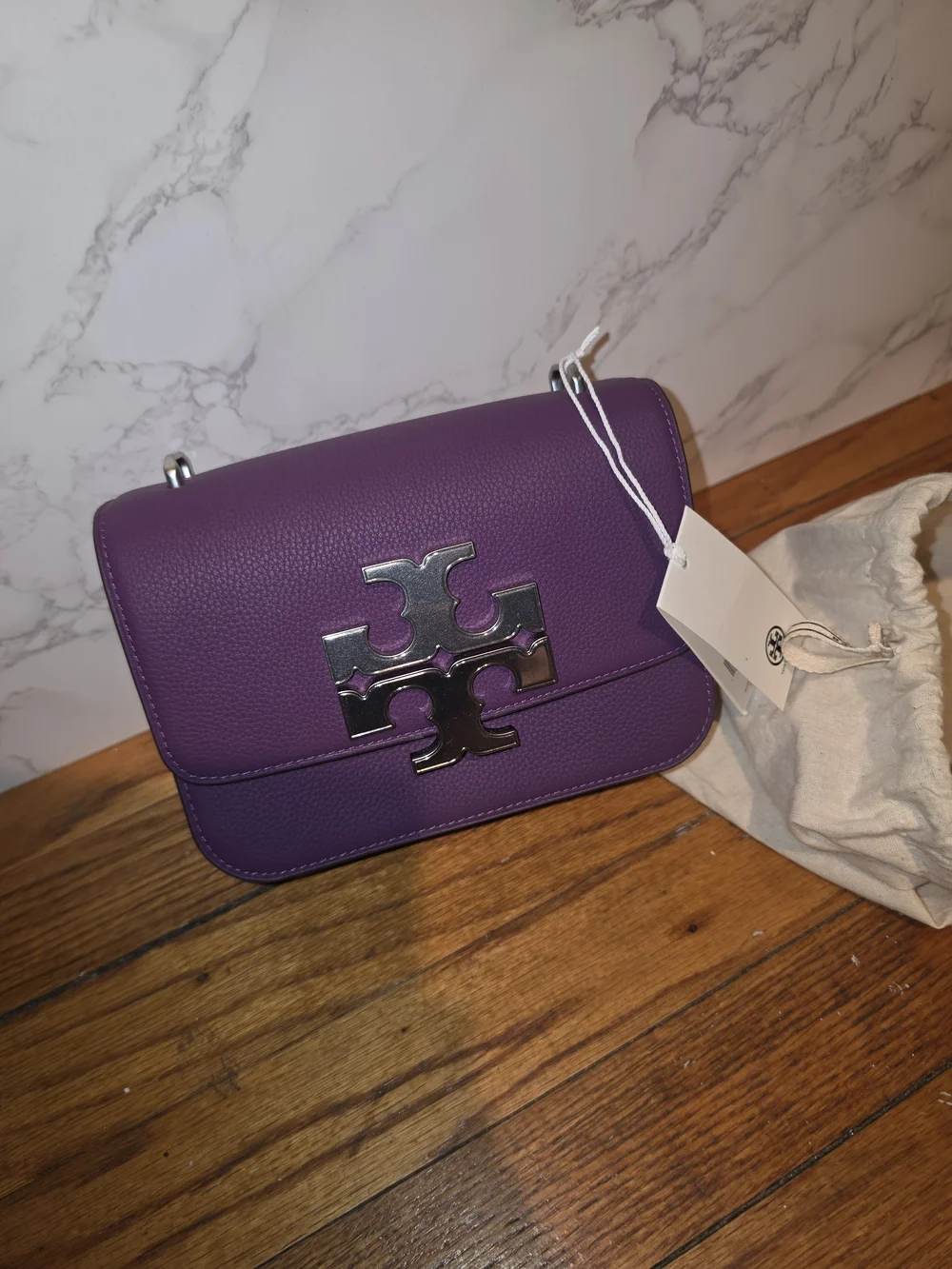 Tory Burch Purple Pebbled Leather Eleanor Crossbody with Silver Logo
